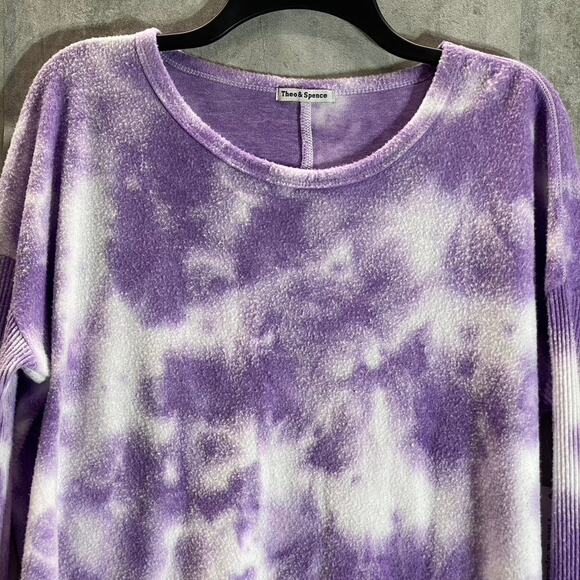 THEO & SPENCE Women's Purple Tie-Dye Crewneck Long Sleeve Hi-Low Hem Top SZ L - Picture 2 of 8